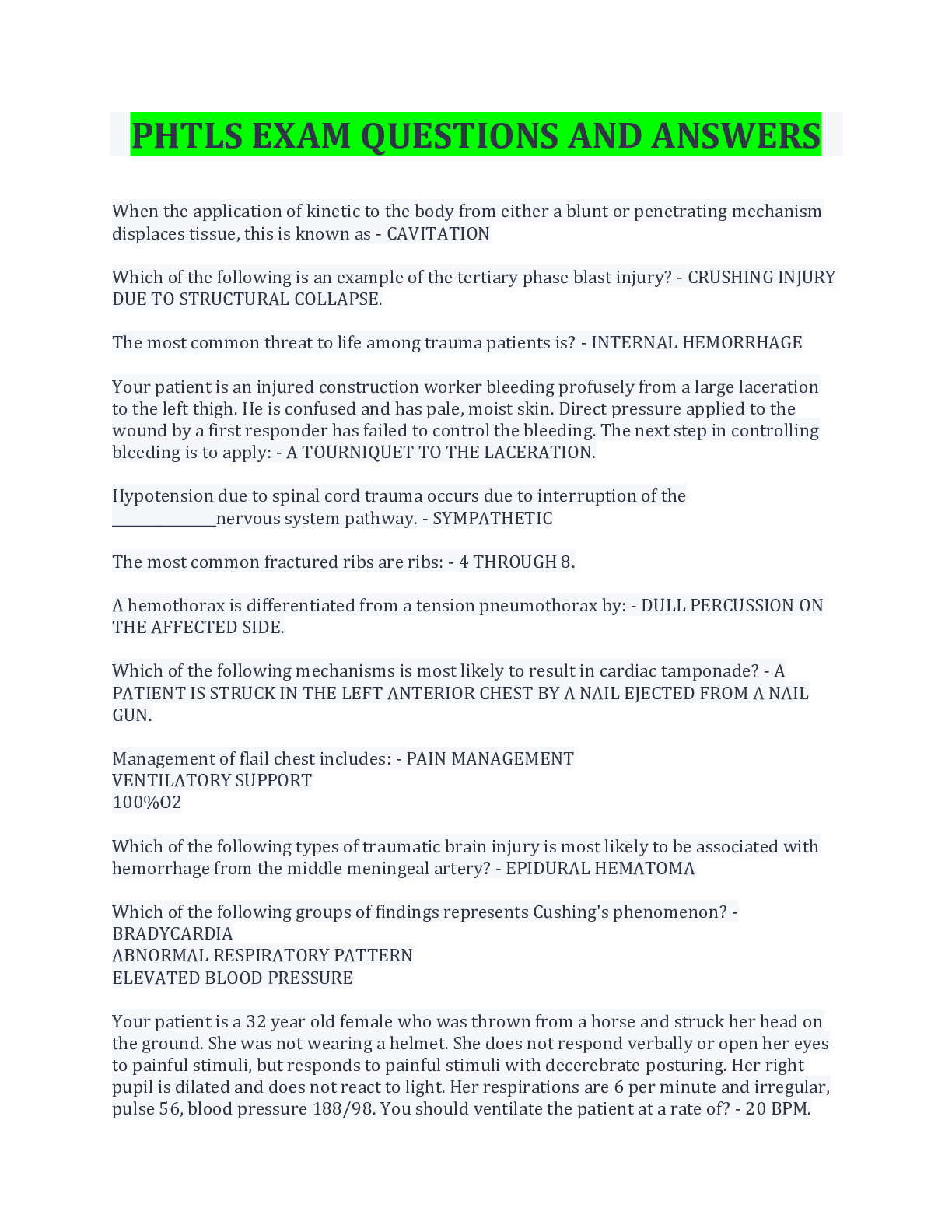 PHTLS Practice Test Questions and Answers (2022/2023) (Verified.